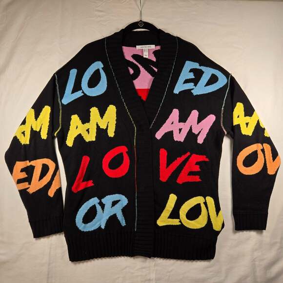 Peace Love World Sweaters - PEACE LOVE WORLD Women's Cardigan Medium Whimsical Art Teacher Eclectic Quirky